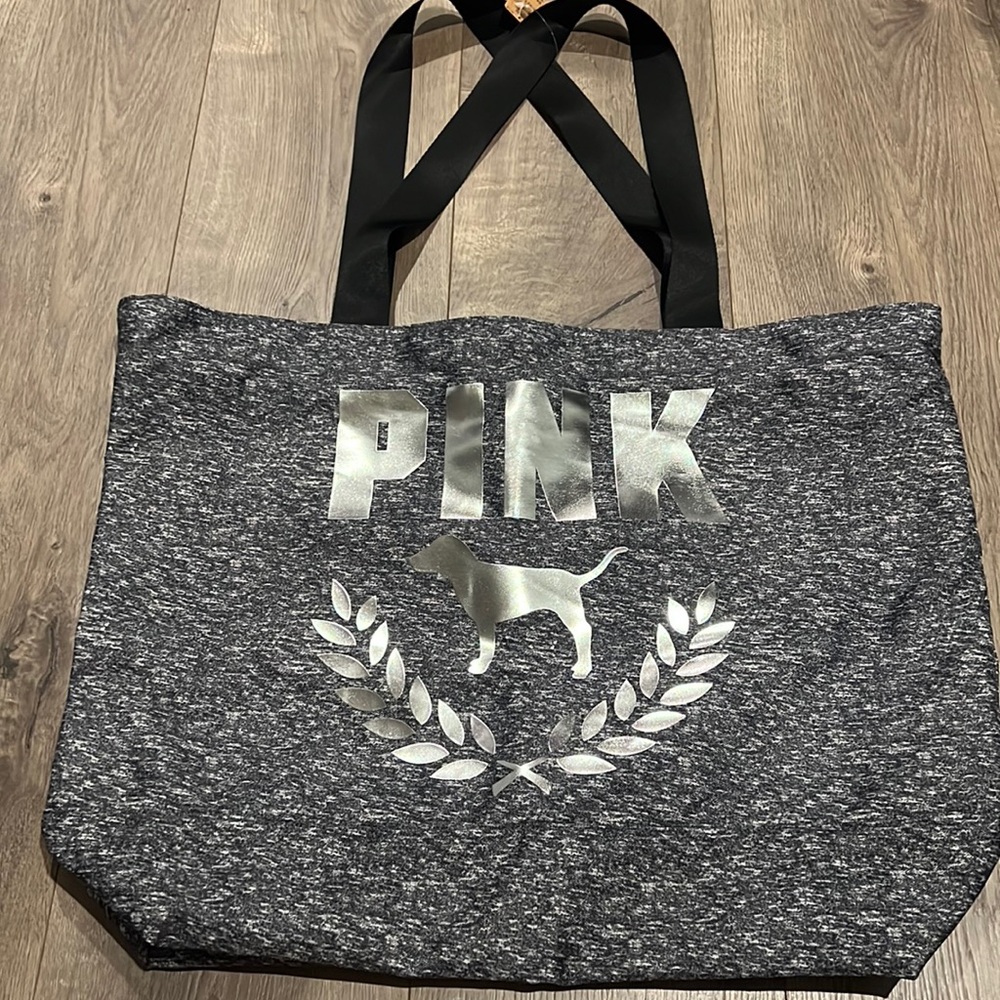 NEW PINK Victoria’s secret Zip Top Reusable Tote Bag Heathered Gray/Silver Logo